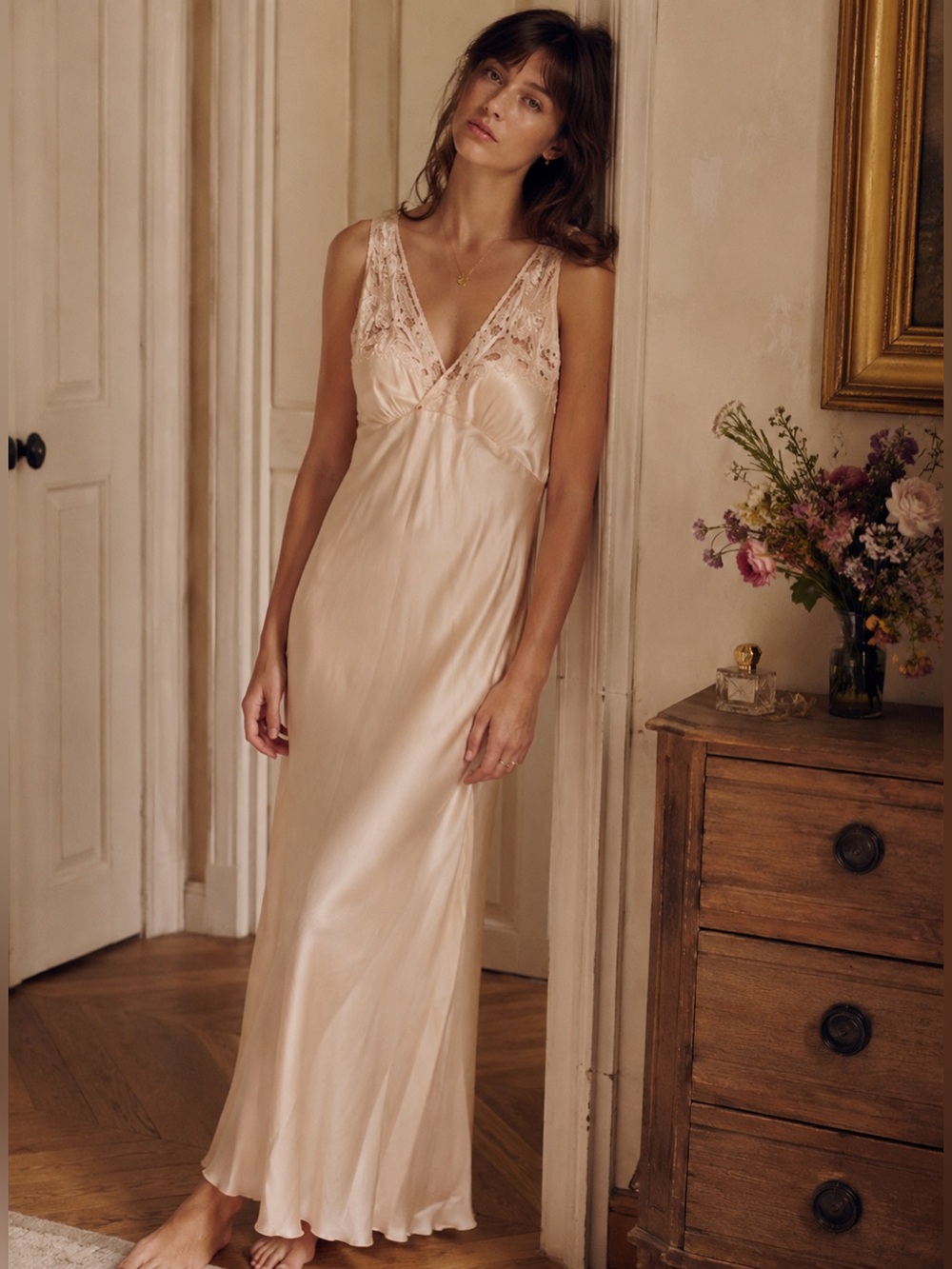 Silk Embroidered Bias Cut Maxi Dress Nightgown Soft Peach
